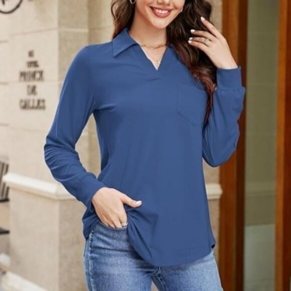Women's Business Casual Tops Collared V Neck‎ Blue 3XL - Picture 1 of 9